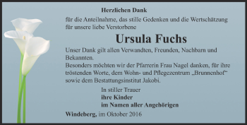 Traueranzeige von Ursula Fuchs von Thüringer Allgemeine, Thüringische Landeszeitung