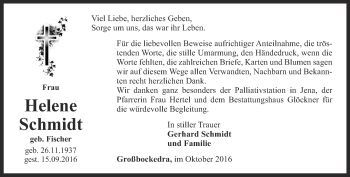 Traueranzeige von Helene Schmidt von Ostthüringer Zeitung, Thüringische Landeszeitung