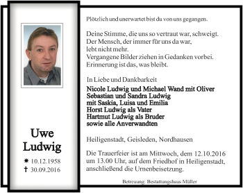 Traueranzeige von Uwe Ludwig von Thüringer Allgemeine