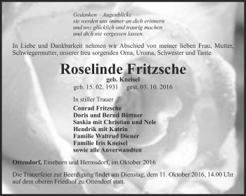 Traueranzeige von Roselinde Fritzsche von Ostthüringer Zeitung