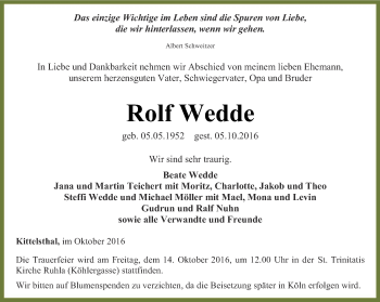 Traueranzeige von Rolf Wedde von Thüringer Allgemeine, Thüringische Landeszeitung