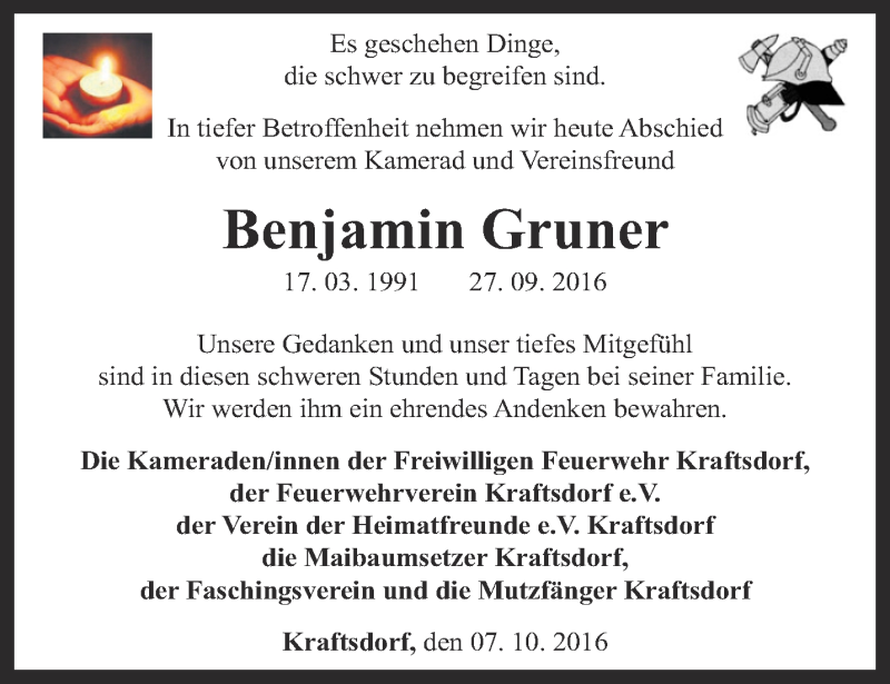  Traueranzeige für Benjamin Gruner vom 07.10.2016 aus Ostthüringer Zeitung