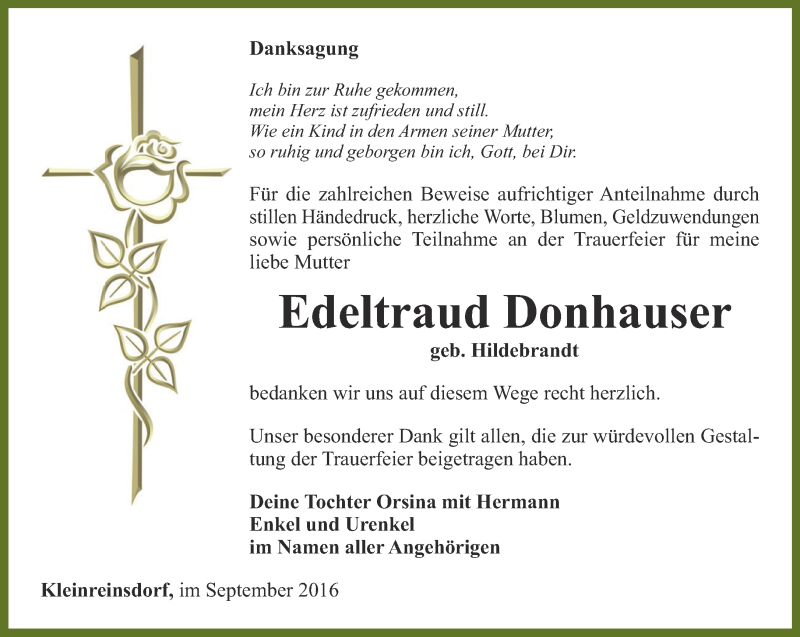  Traueranzeige für Edeltraud Donhauser vom 04.10.2016 aus Ostthüringer Zeitung