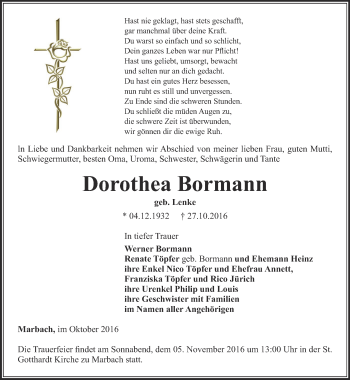 Traueranzeige von Dorothea Bormann von Thüringer Allgemeine, Thüringische Landeszeitung