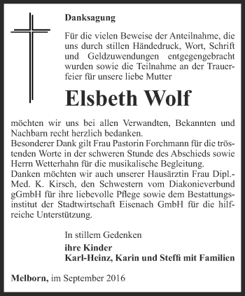Traueranzeige von Elsbeth Wolf von Thüringer Allgemeine, Thüringische Landeszeitung