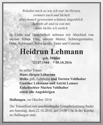 Traueranzeige von Heidrun Lehmann von Thüringer Allgemeine, Thüringische Landeszeitung