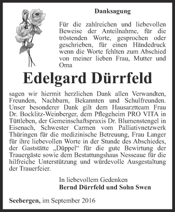 Traueranzeige von Edelgard Dürrfeld von Ostthüringer Zeitung, Thüringische Landeszeitung