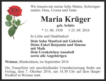 Traueranzeige von Maria Krüger von Thüringer Allgemeine, Thüringische Landeszeitung