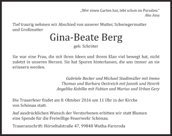 Traueranzeige von Gina-Beate Berg von Thüringer Allgemeine, Thüringische Landeszeitung