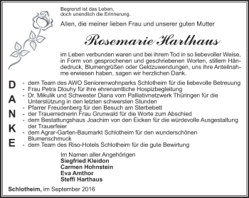 Traueranzeige von Rosemarie Harthaus von Thüringer Allgemeine, Thüringische Landeszeitung