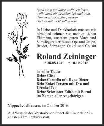 Traueranzeige von Roland Zeininger von Thüringer Allgemeine, Thüringische Landeszeitung