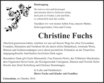 Traueranzeige von Christine Fuchs von Ostthüringer Zeitung