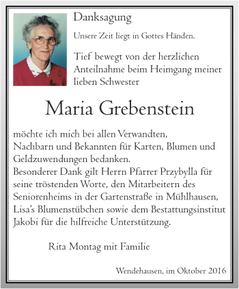 Traueranzeige von Maria Grebenstein von Thüringer Allgemeine, Thüringische Landeszeitung