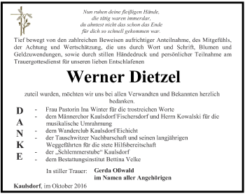 Traueranzeige von Werner Dietzel von Ostthüringer Zeitung