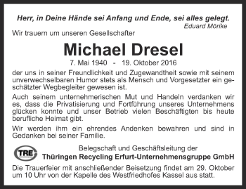 Traueranzeige von Michael Dresel von Thüringer Allgemeine, Thüringische Landeszeitung