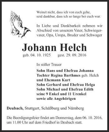 Traueranzeige von Johann Helch von Thüringer Allgemeine, Thüringische Landeszeitung