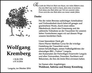 Traueranzeige von Wolfgang Kremberg von Thüringer Allgemeine, Thüringische Landeszeitung