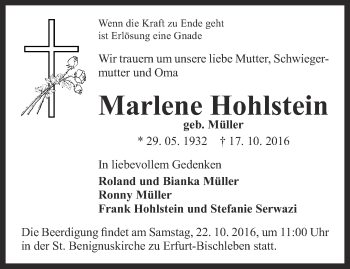 Traueranzeige von Marlene Hohlstein von Thüringer Allgemeine, Thüringische Landeszeitung