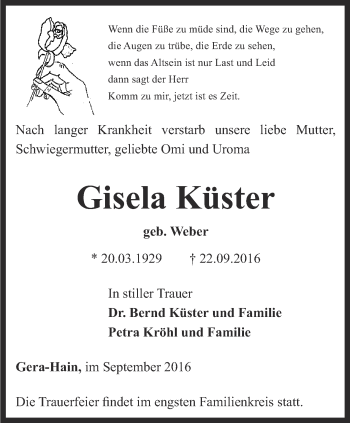 Traueranzeige von Gisela Küsler von Ostthüringer Zeitung
