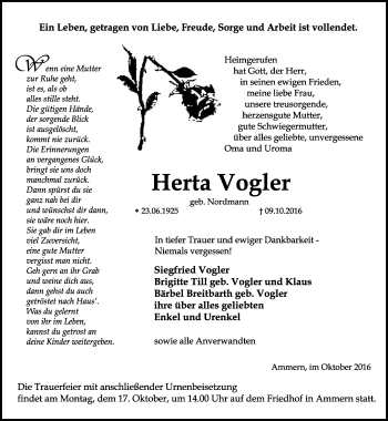 Traueranzeige von Herta Vogler von Thüringer Allgemeine, Thüringische Landeszeitung