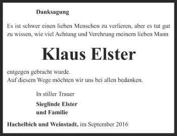 Traueranzeige von Klaus Elster von Thüringer Allgemeine