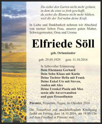 Traueranzeige von Elfriede Söll von Ostthüringer Zeitung