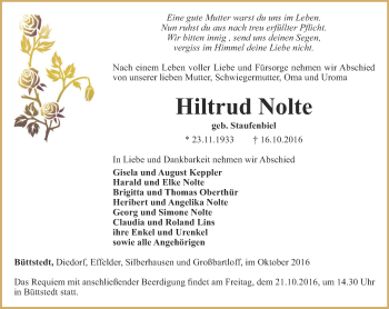 Traueranzeige von Hiltrud Nolte von Thüringer Allgemeine, Thüringische Landeszeitung