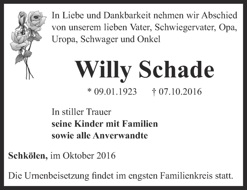 Traueranzeigen Von Willy Schade | Trauer-in-thueringen.de