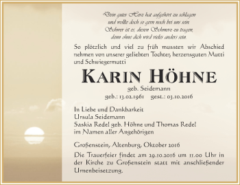 Traueranzeige von Karin Höhne  von Ostthüringer Zeitung