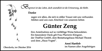 Traueranzeige von Günter Zeng von Thüringer Allgemeine, Thüringische Landeszeitung