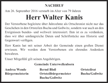 Traueranzeige von Walter Kanis von Ostthüringer Zeitung