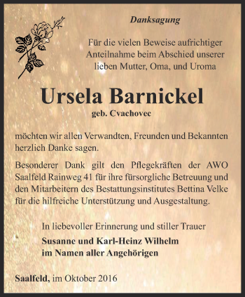 Traueranzeige von Ursela Barnickel von Ostthüringer Zeitung