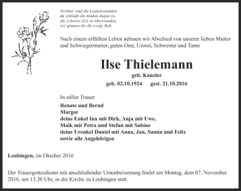 Traueranzeige von Ilse Thielemann von Thüringer Allgemeine