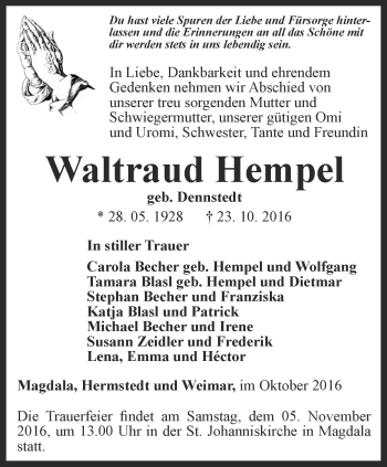 Traueranzeige von Waltraud Hempel von Thüringer Allgemeine, Thüringische Landeszeitung