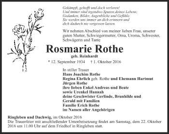 Traueranzeige von Rosmarie Rothe von Thüringer Allgemeine, Thüringische Landeszeitung