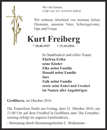 Traueranzeige von Kurt Freiberg von Thüringer Allgemeine