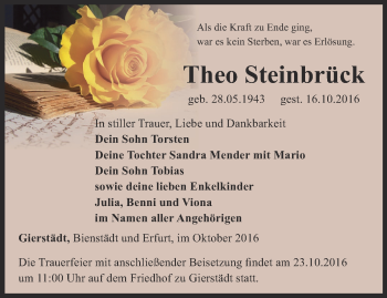 Traueranzeige von Theo Steinbrück von Ostthüringer Zeitung, Thüringische Landeszeitung