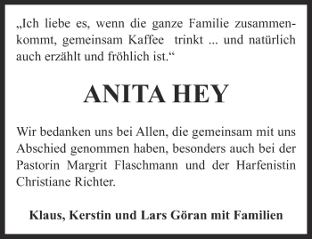 Traueranzeige von Anita Hey von Thüringer Allgemeine, Thüringische Landeszeitung
