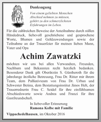 Traueranzeige von Achim Zawatzki von Thüringer Allgemeine, Thüringische Landeszeitung