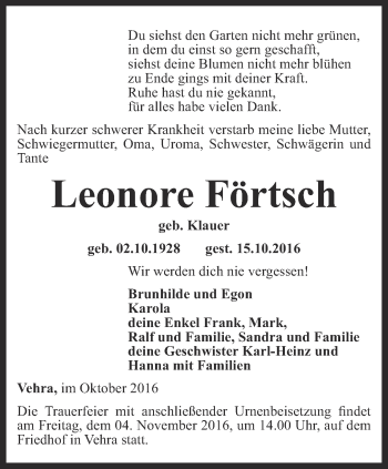 Traueranzeige von Leonore Förtsch von Thüringer Allgemeine