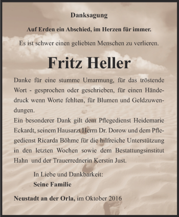 Traueranzeige von Fritz Heller von Ostthüringer Zeitung