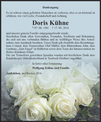 Traueranzeige von Doris Kühne von Thüringer Allgemeine, Thüringische Landeszeitung