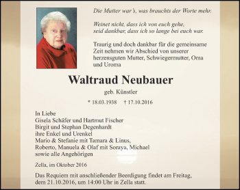 Traueranzeige von Waltraud Neubauer von Thüringer Allgemeine, Thüringische Landeszeitung