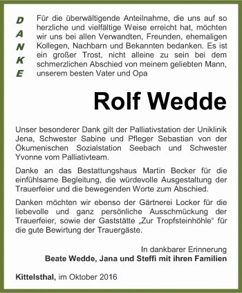 Traueranzeige von Rolf Wedde von Thüringer Allgemeine, Thüringische Landeszeitung