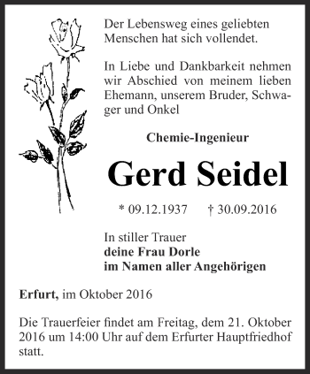 Traueranzeige von Gerd Seidel von Thüringer Allgemeine, Thüringische Landeszeitung