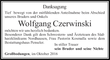 Traueranzeige von Wolfgang Czerwinski von Thüringer Allgemeine