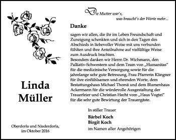 Traueranzeige von Linda Müller von Thüringer Allgemeine, Thüringische Landeszeitung