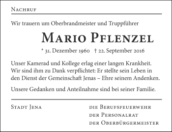 Traueranzeige von Mario Pflenzel von Ostthüringer Zeitung, Thüringische Landeszeitung