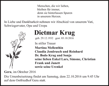 Traueranzeige von Dietmar Krug von Ostthüringer Zeitung