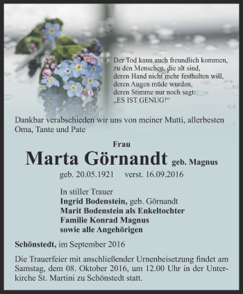 Traueranzeige von Marta Görnandt von Thüringer Allgemeine, Thüringische Landeszeitung